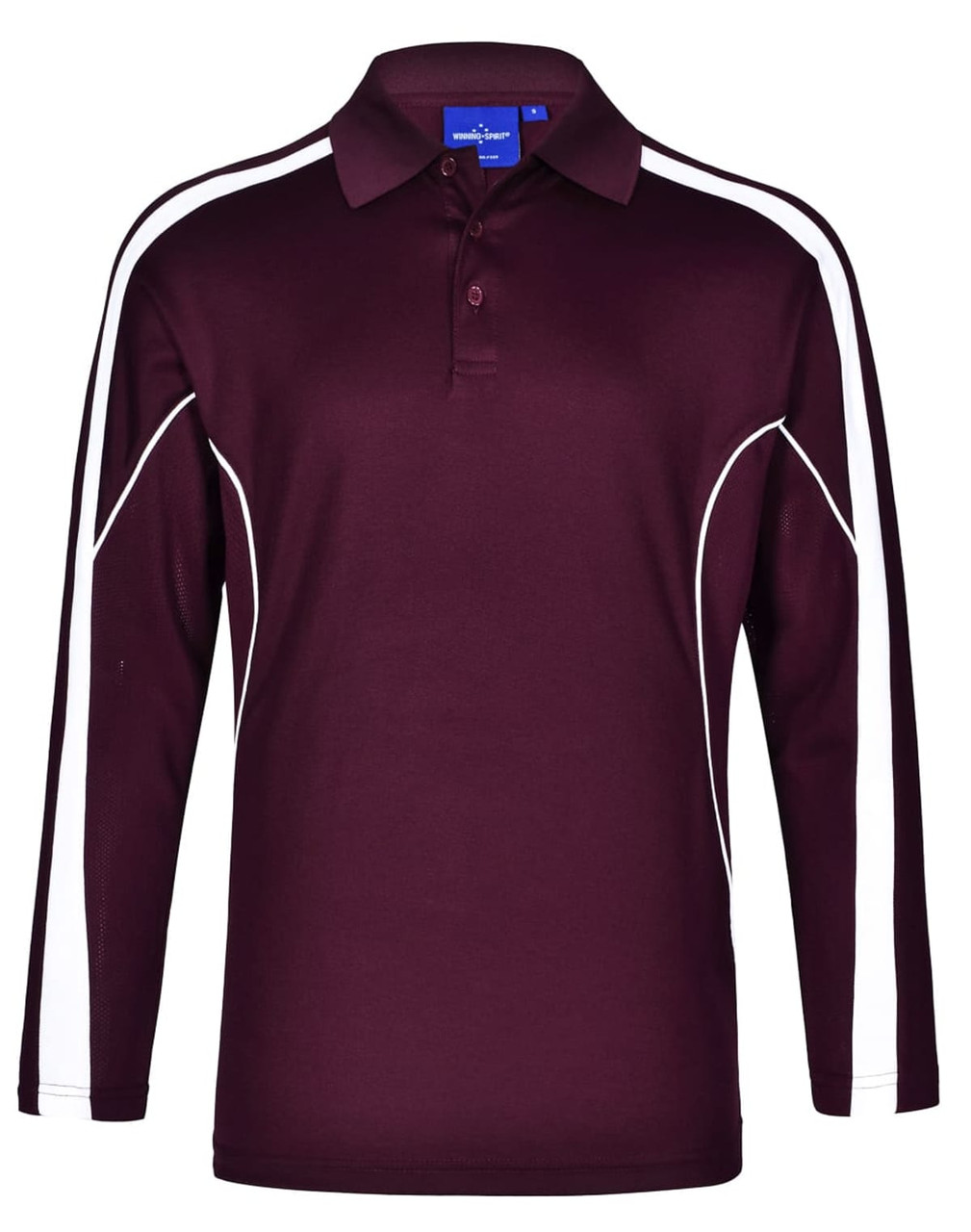 A men's long sleeve polo in burgundy with white side accents and a collar. Features a logo on the chest area.