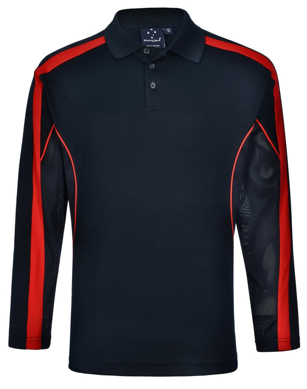 A long sleeve polo shirt in black with red accents and mesh detailing on the sleeves. Features a logo.