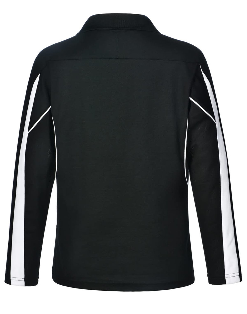 A black long sleeve polo shirt with white racing stripes on the sides and a collar. It features a logo.