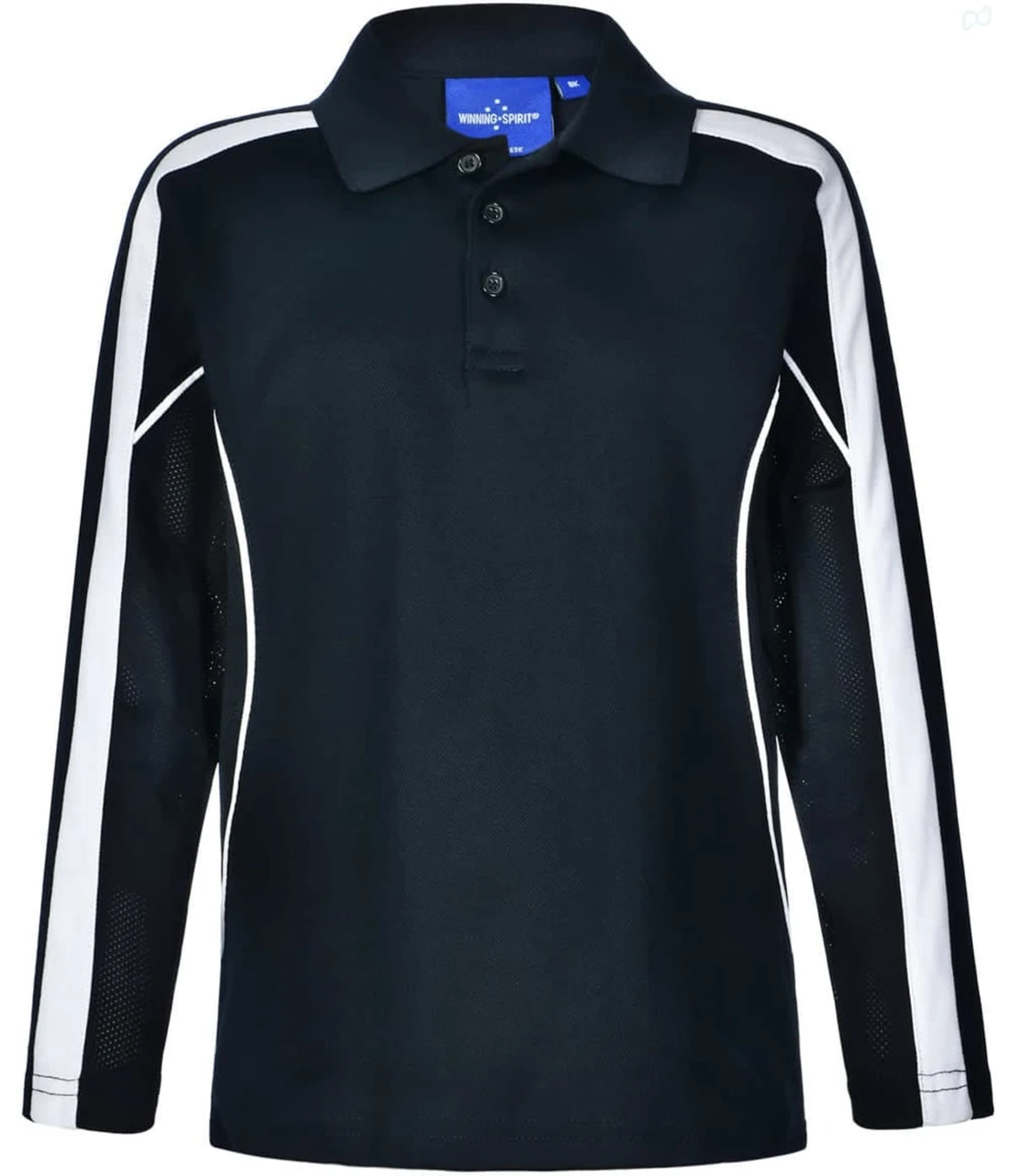 A black long sleeve polo shirt with white side stripes and a collar. Features a logo on the upper section.
