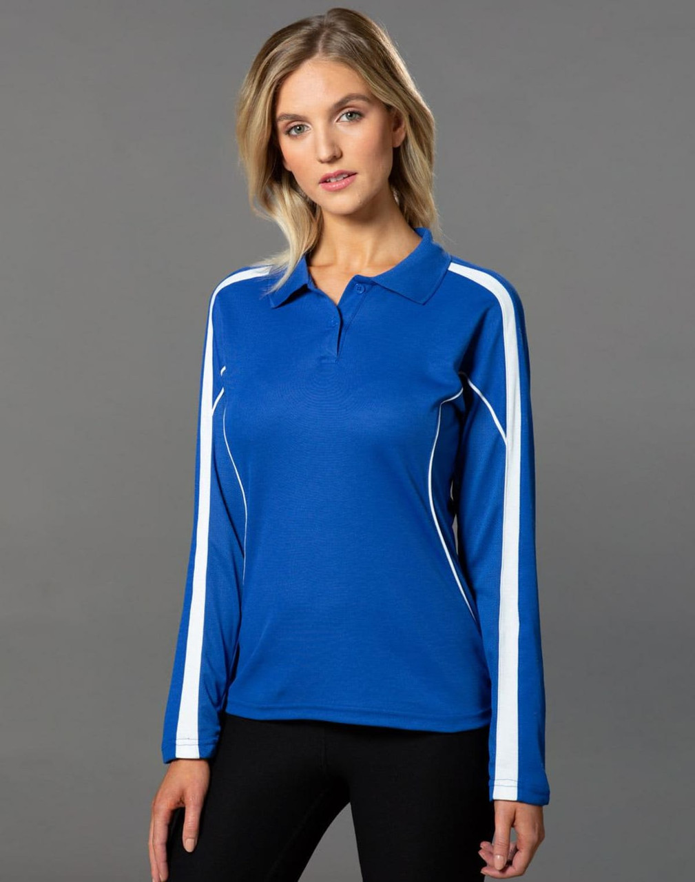 A long sleeve polo shirt in blue with white accents and a logo. Ideal for casual wear.
