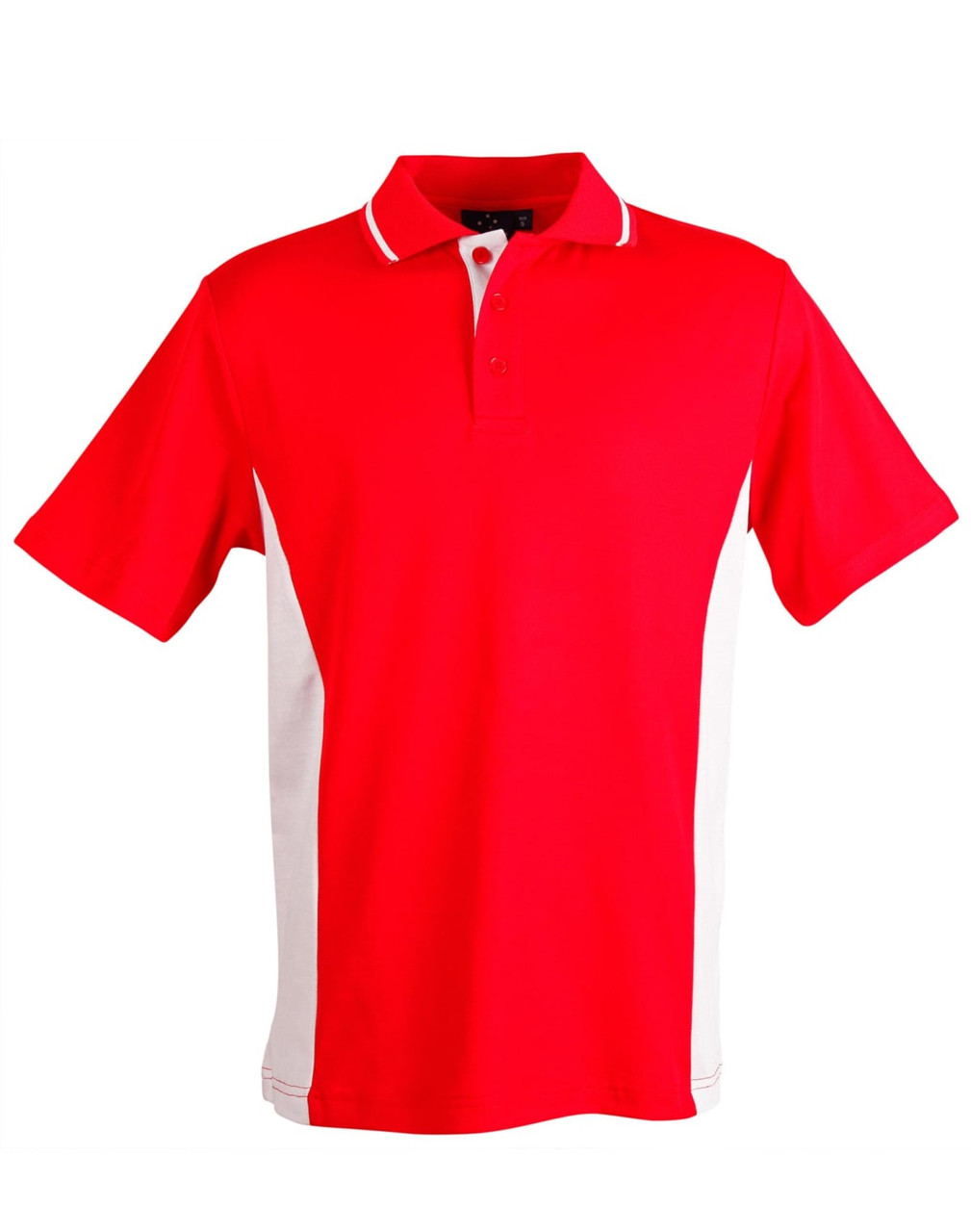 A red and white men's polo shirt featuring a contrasted design and a collar. The shirt has a logo on it.