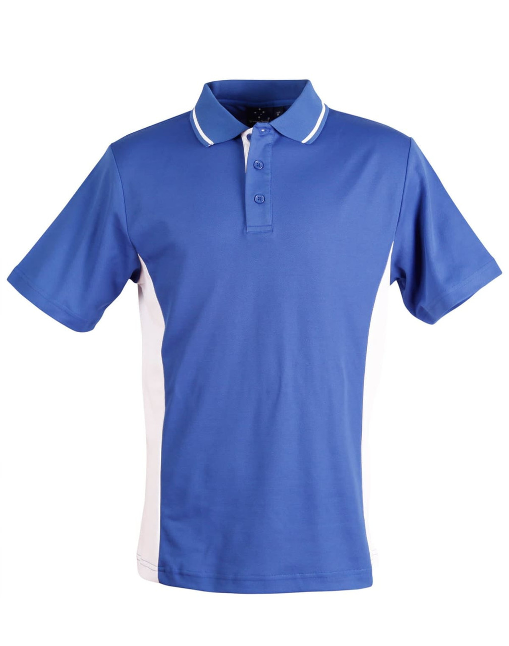A blue and white polo shirt with a collar and short sleeves, featuring branding on the chest.