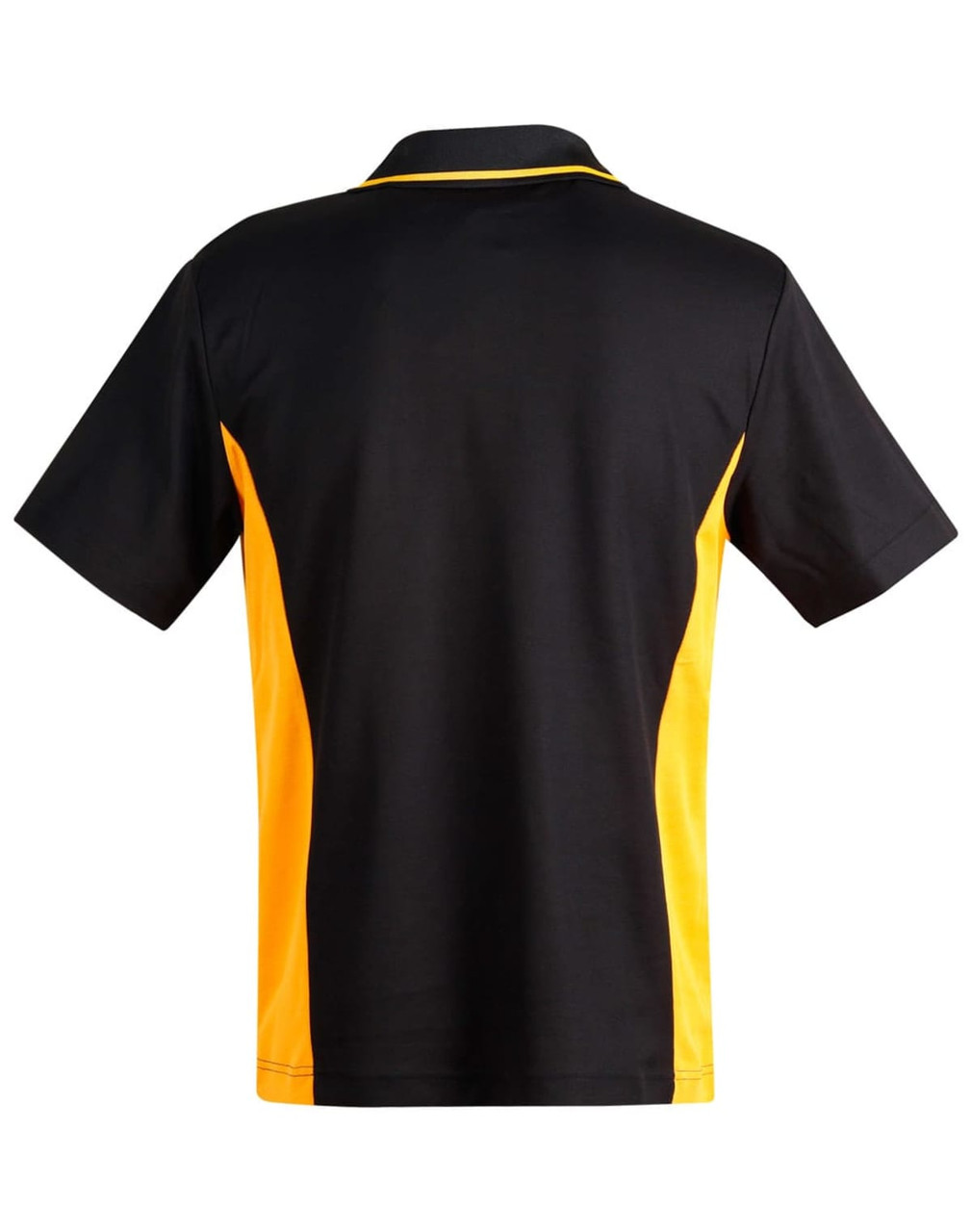 A black and yellow kids' polo shirt featuring a contrasting design and a collar. It has a logo on it.