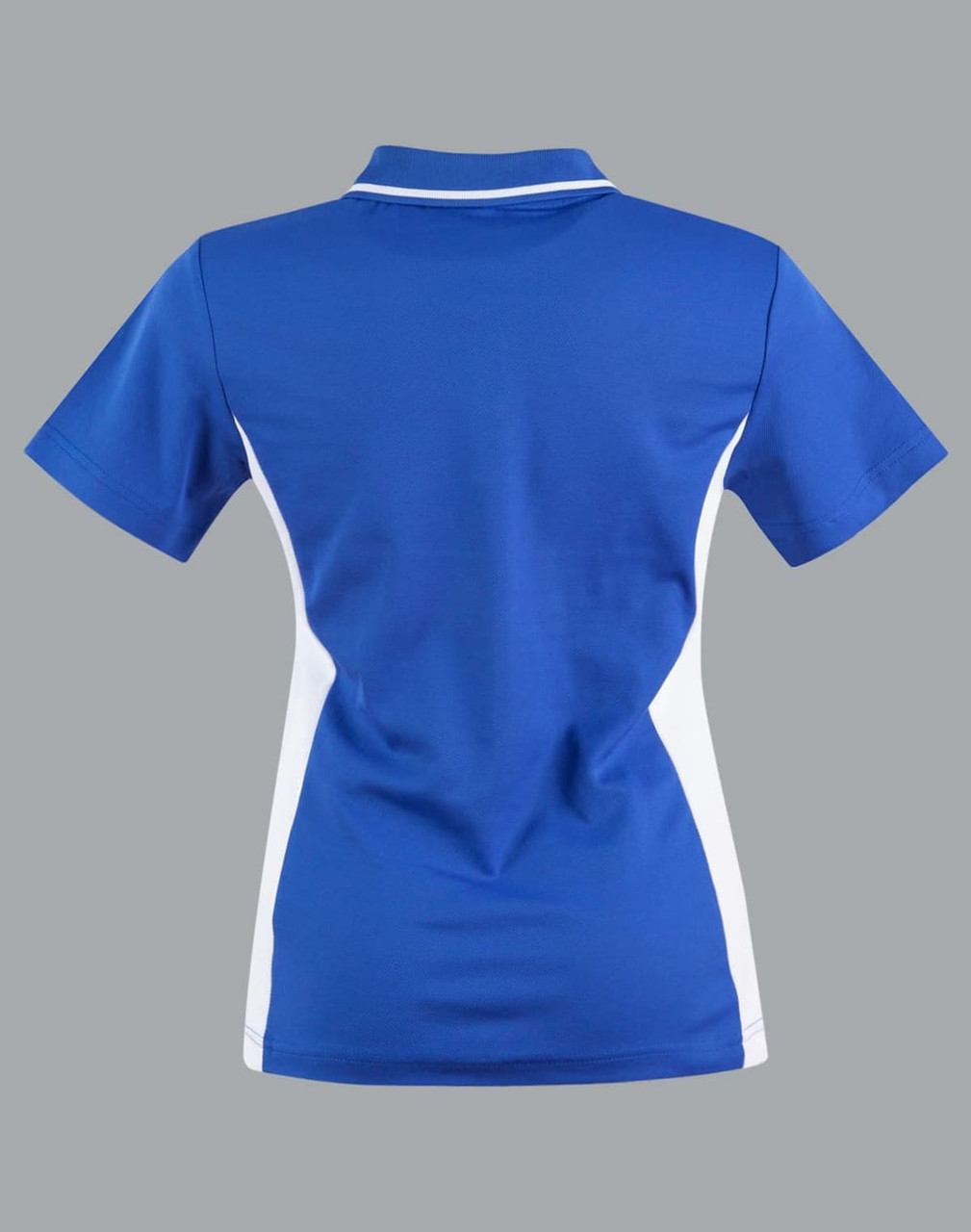 A blue and white contrast polo shirt featuring a logo, designed for women.