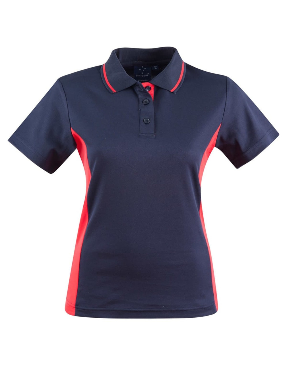Ladies' TrueDry Contrast S/S Polo in navy blue with red side panels, featuring a collar and buttons. Includes a logo.