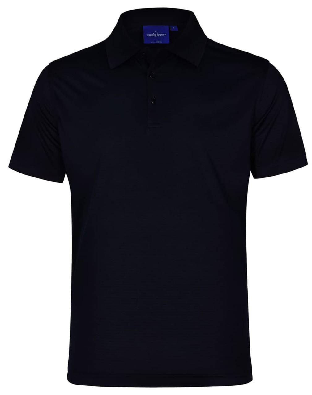 A black textured polo shirt featuring a collar and button placket, with a logo present.