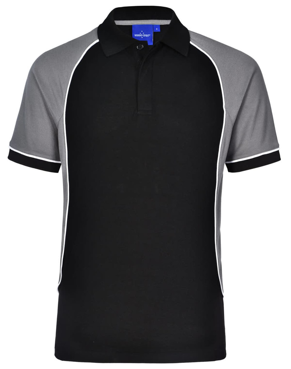 A black and grey tri-colour polo shirt with short sleeves and a collar, featuring a logo.
