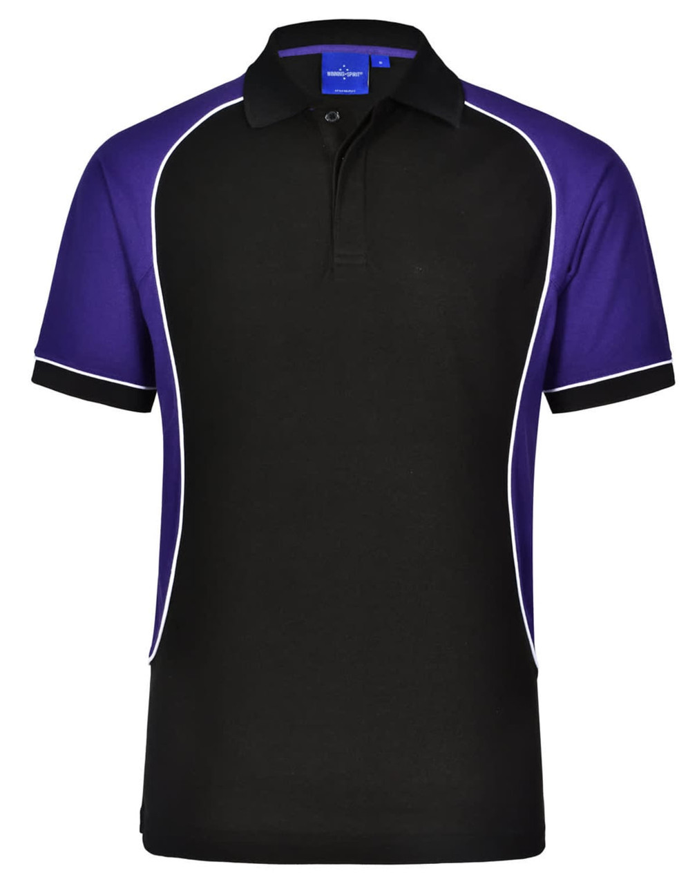 A black and purple kids' polo shirt with a collar and contrasting piping, featuring a logo on the front.