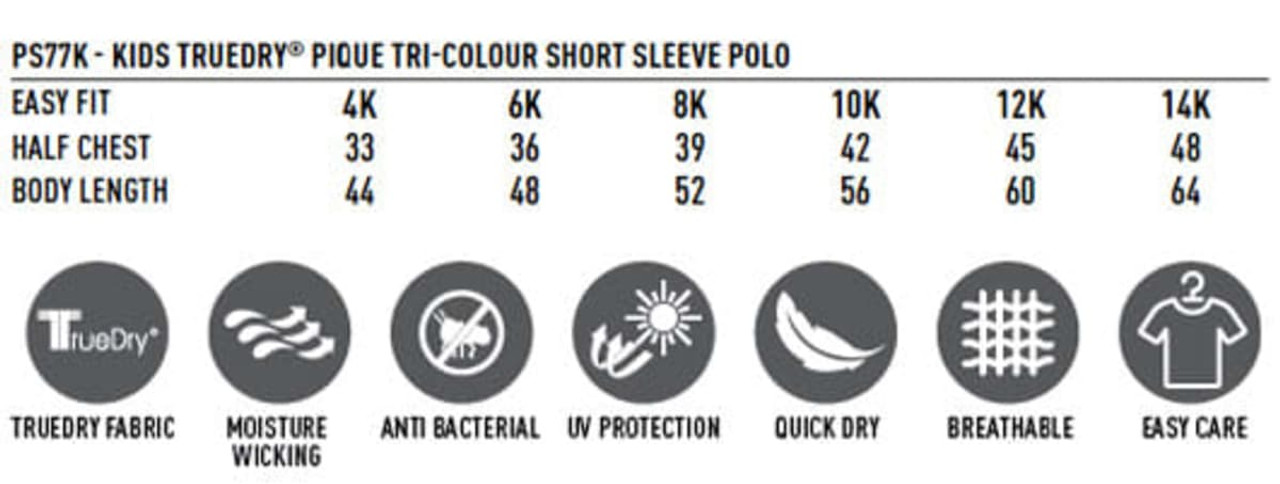 A tri-colour short sleeve polo shirt for kids in various sizes, featuring a logo and made from breathable TrueDry fabric.