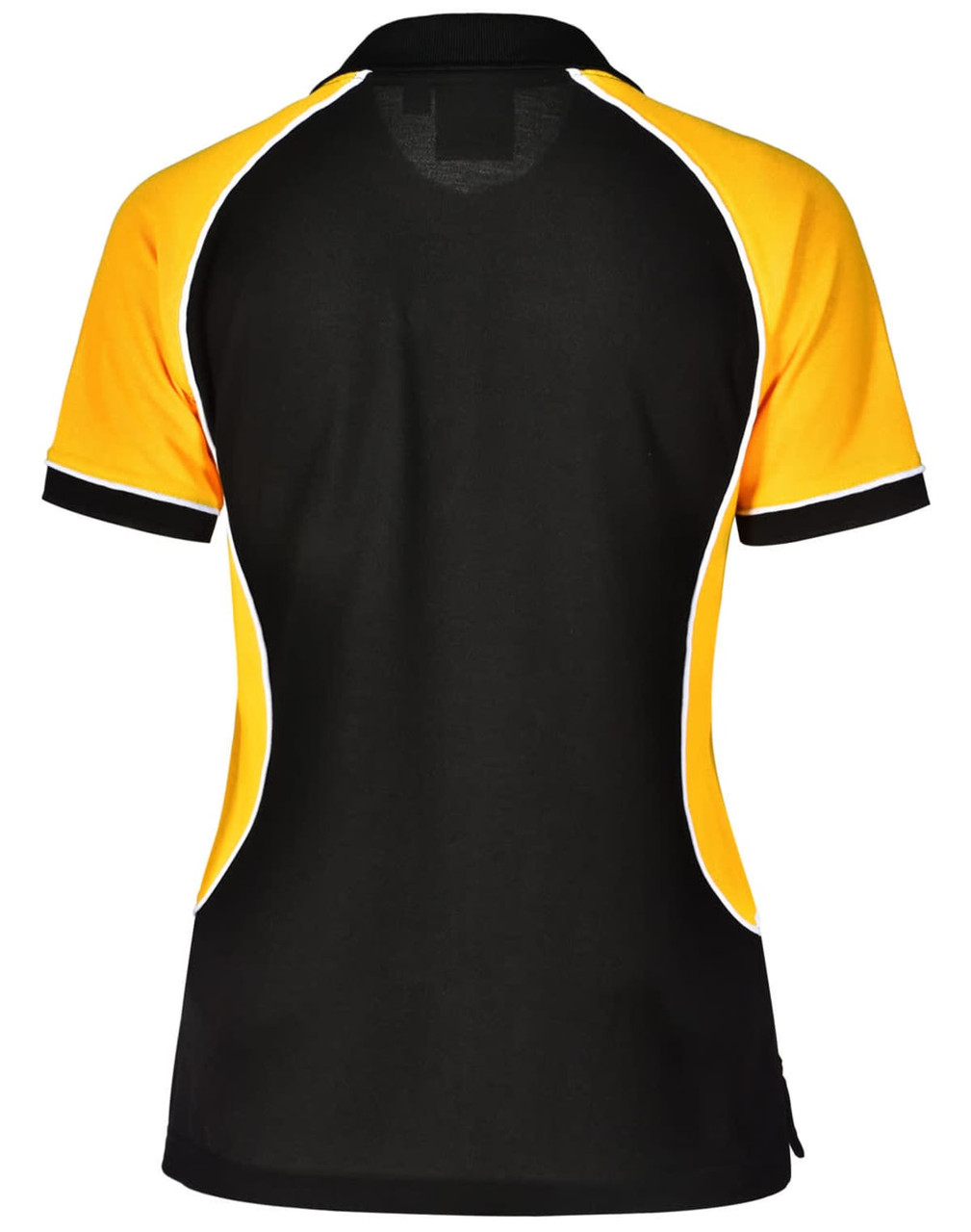 A black and yellow tri-colour short-sleeve polo shirt with a logo on the back.