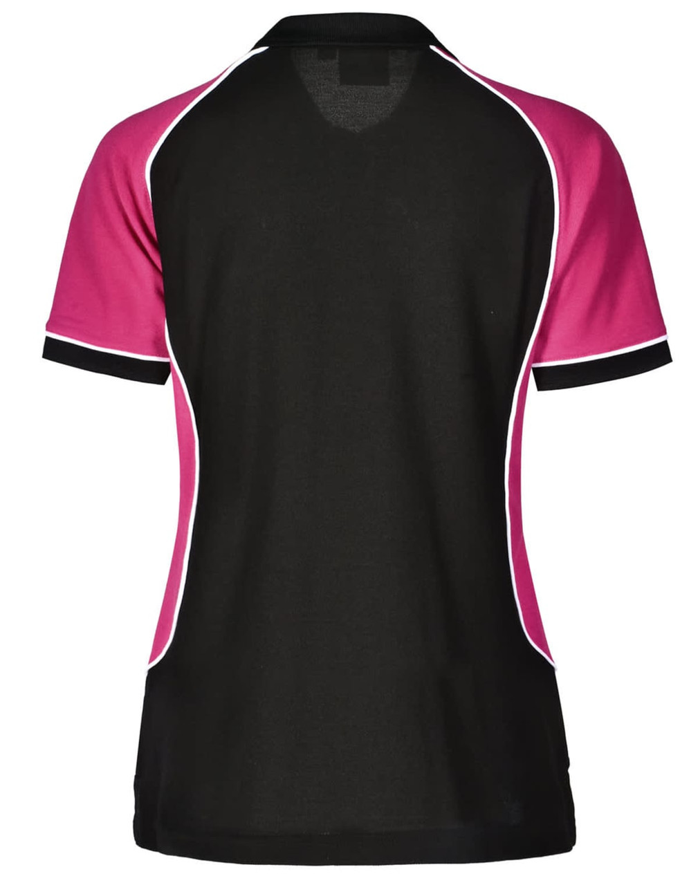 A ladies' short-sleeve polo shirt featuring a tri-colour design in black, pink, and white, with a logo.