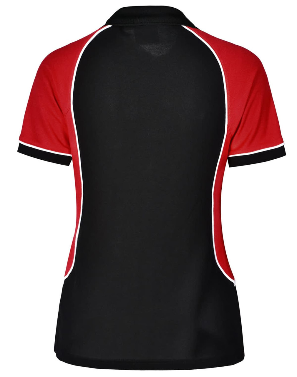 A ladies' tri-colour polo shirt featuring black, red, and white accents with a logo. The design is stylish and sporty.