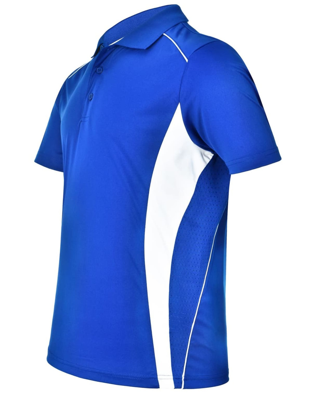 A blue polo shirt with white contrast panels, featuring a collar and three buttons. It includes a logo on the chest.