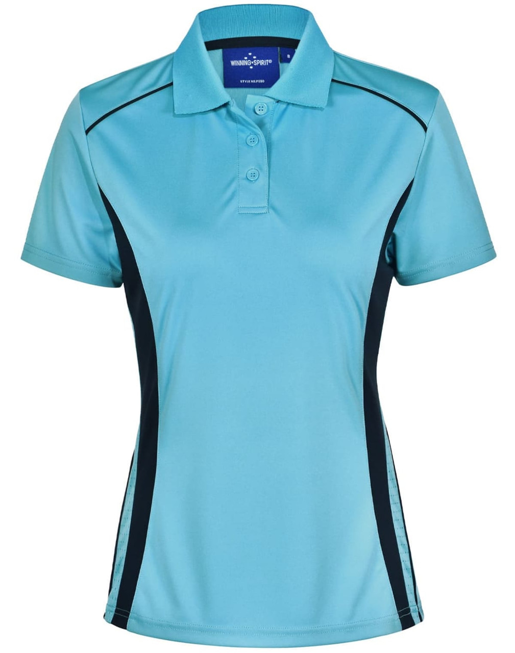 A light blue ladies' polo shirt featuring contrast black side panels and a logo on the collar.