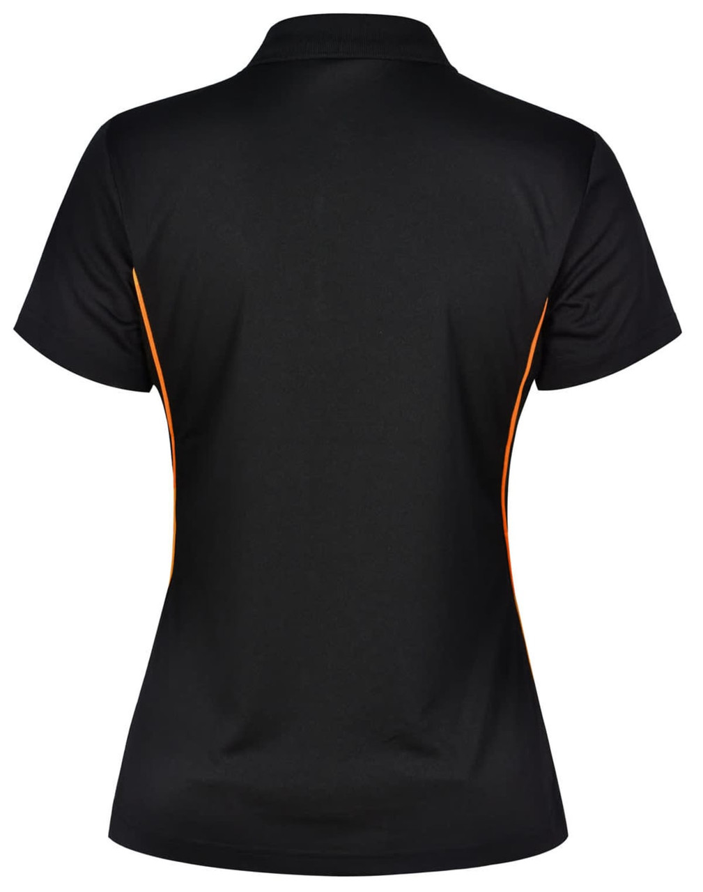 A black polo shirt with orange contrast detailing and a logo on the back.