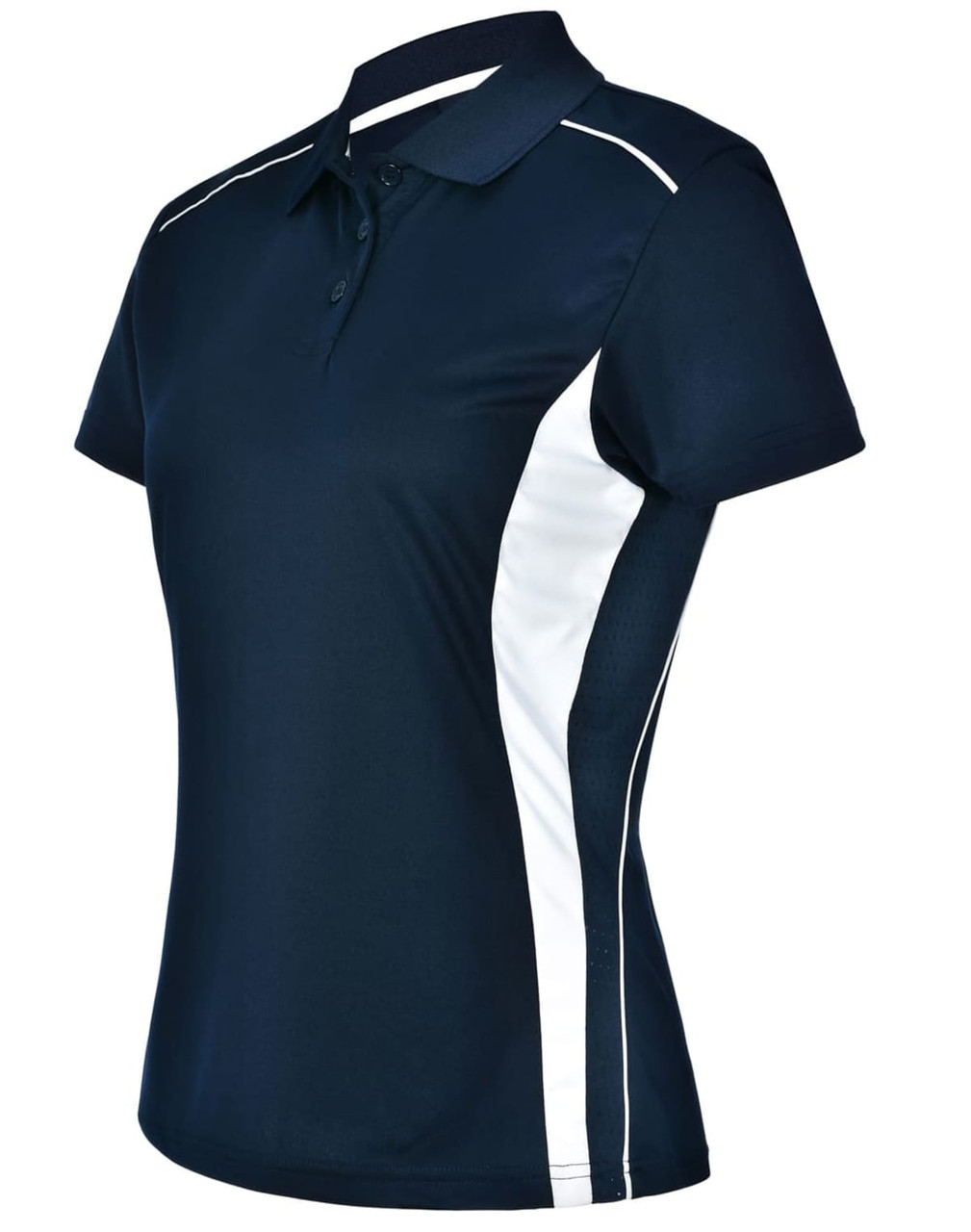 A navy blue ladies' polo shirt with white contrast panels and a logo on the chest.