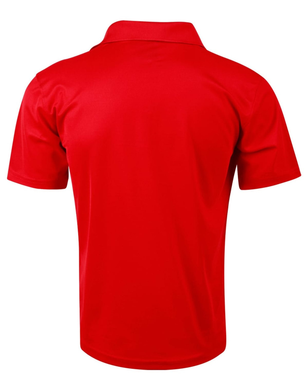 A red men's polo shirt in a solid colour with a classic collar and short sleeves. It features a logo on the chest.