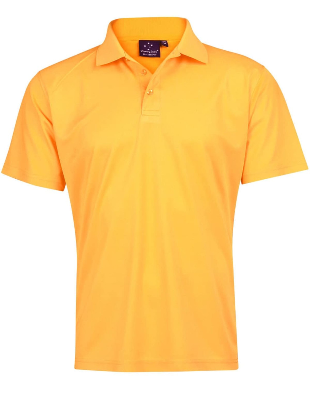 A short-sleeved polo shirt in bright orange with a collar and a logo on the neck.