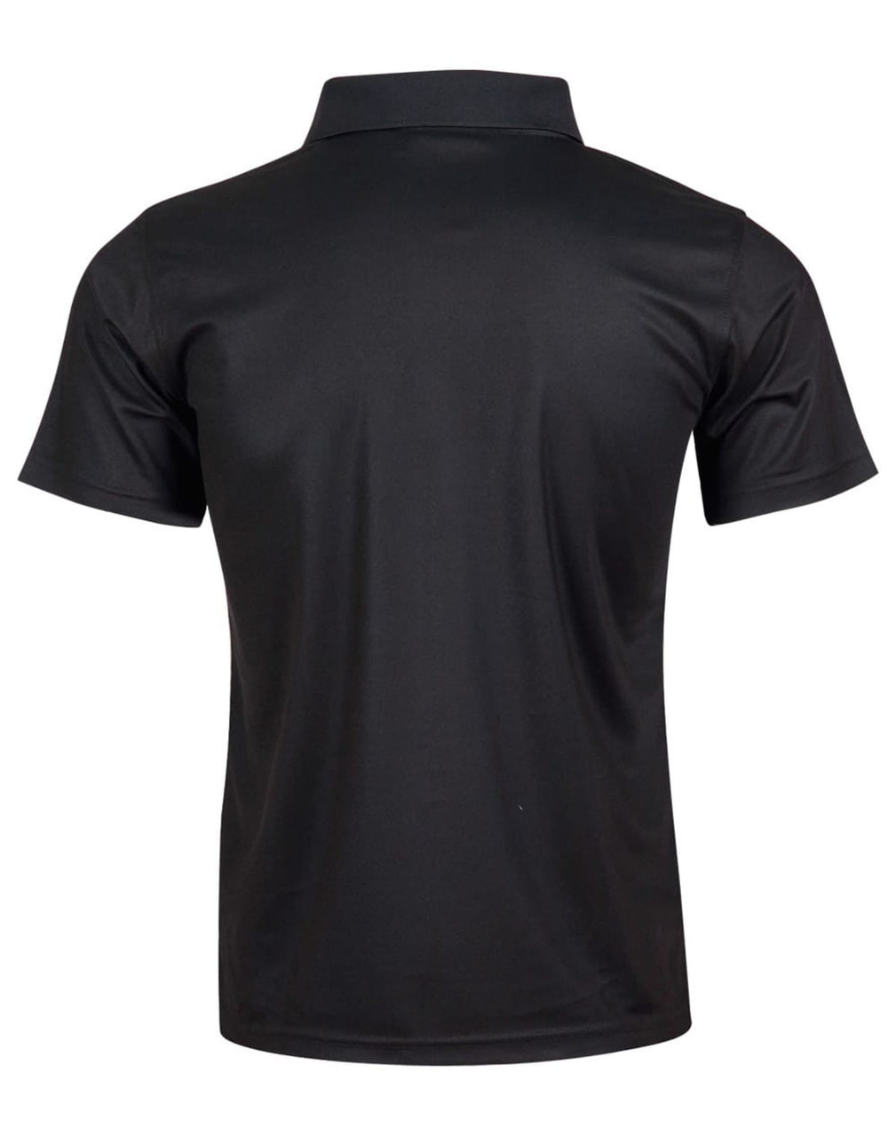 A black short-sleeved polo shirt featuring a classic collar and a logo on the back.
