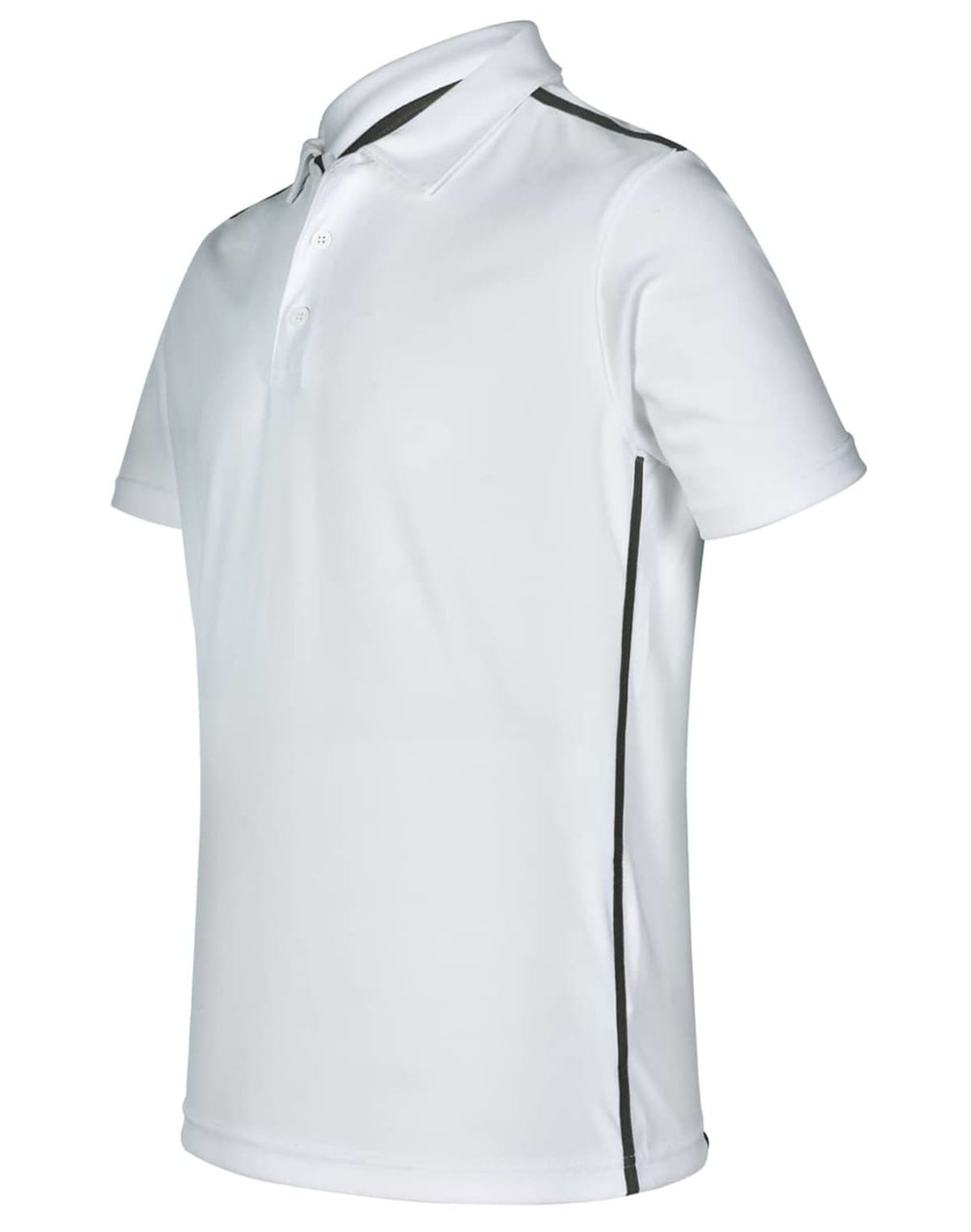 A white polo shirt featuring contrast detailing along the sides and a collar, with a logo present.