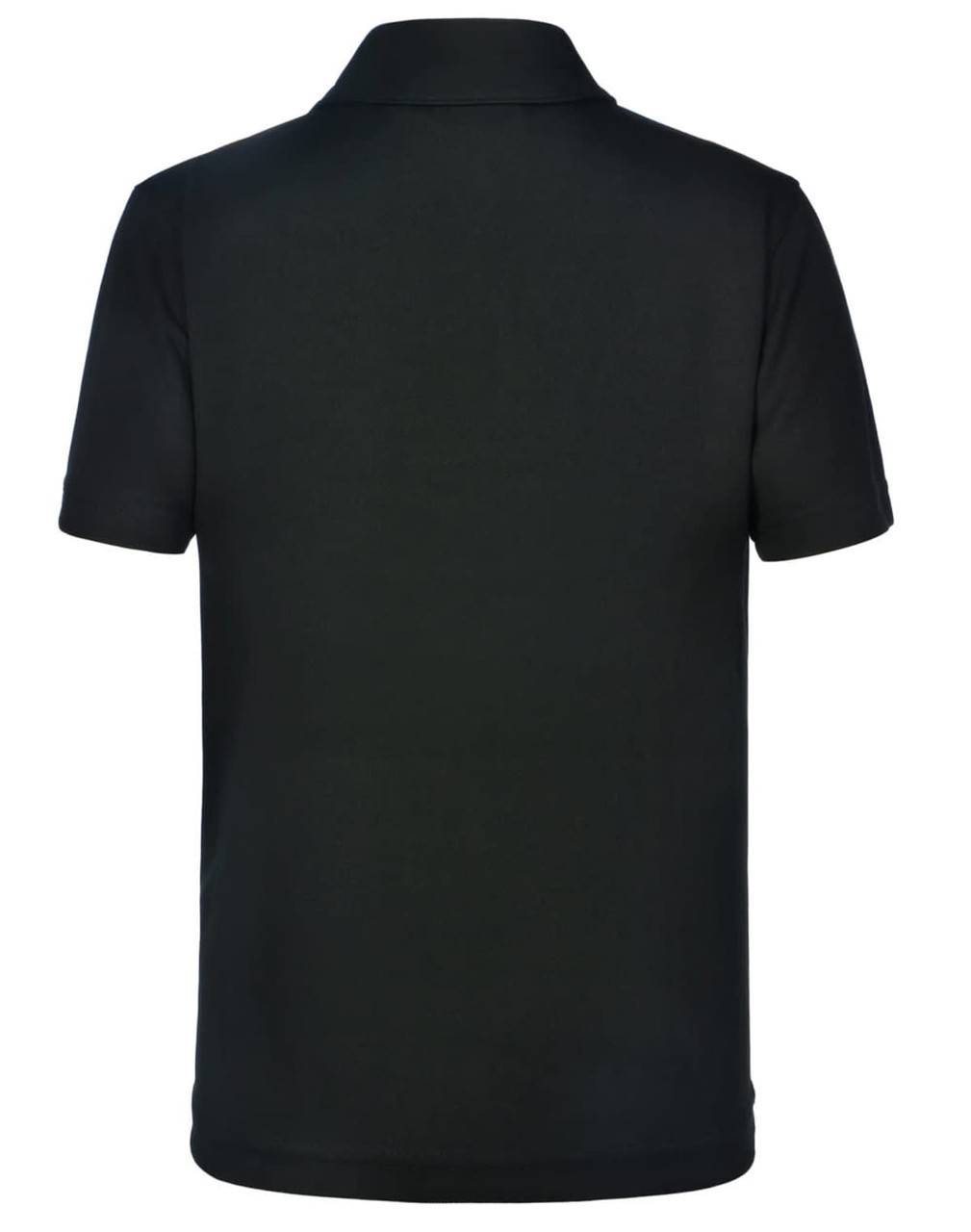 A black kids' polo shirt featuring short sleeves and a plain back design. Includes a branding logo.