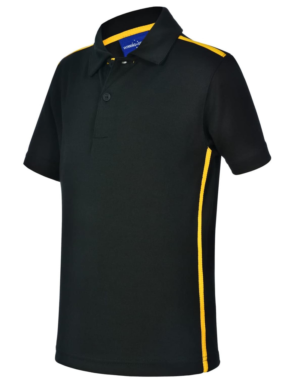 A black short sleeve polo shirt with yellow contrast detailing and a collar, featuring a logo.