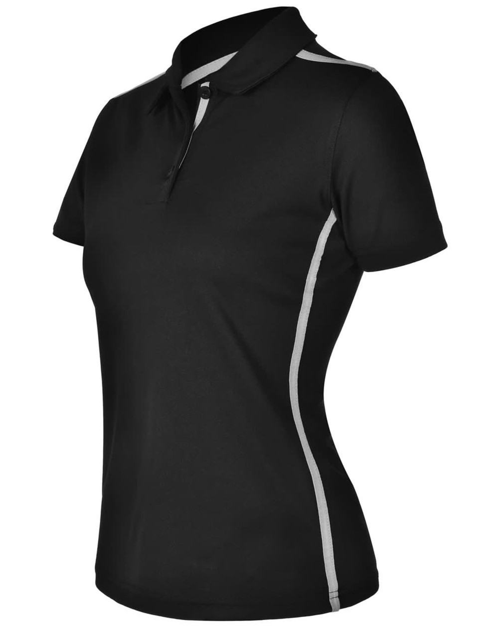 A black short sleeve polo shirt with grey contrast stripes and a logo on the chest.