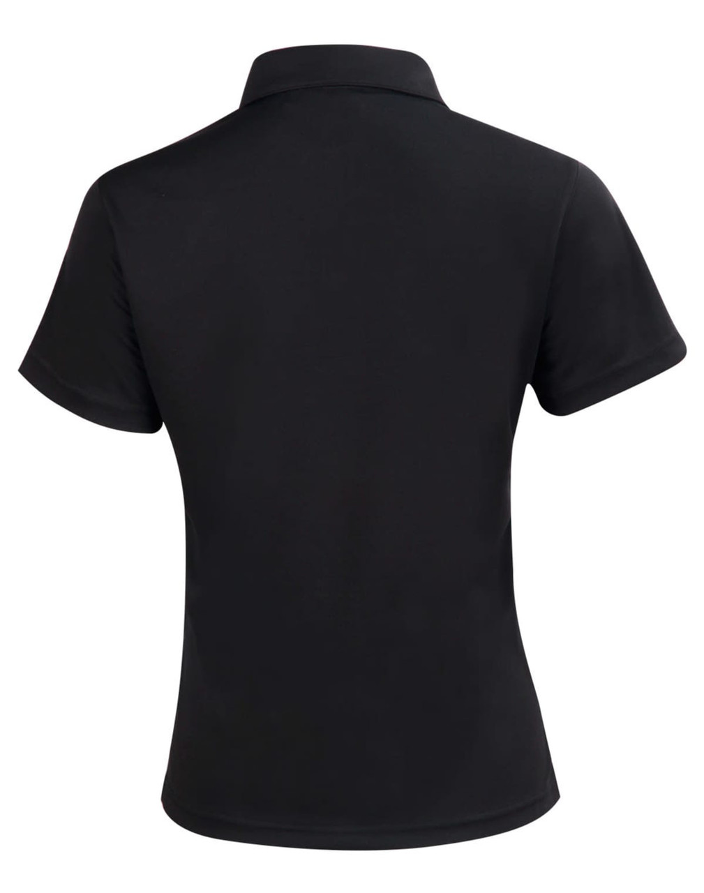 A black short sleeve polo shirt featuring a collar and a logo on the back.