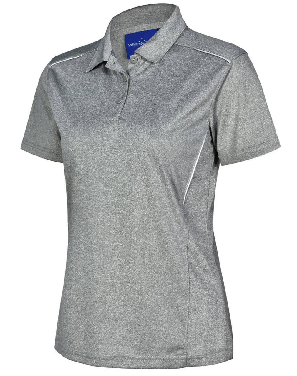 A grey ladies' short sleeve polo shirt featuring a subtle sheen and a logo on the collar.