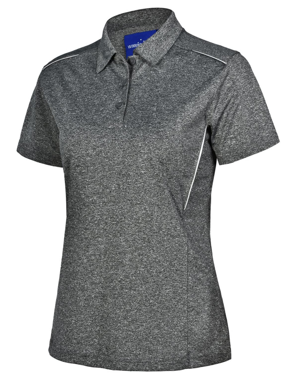 A stylish ladies' polo shirt in dark grey with short sleeves and a logo on the collar.