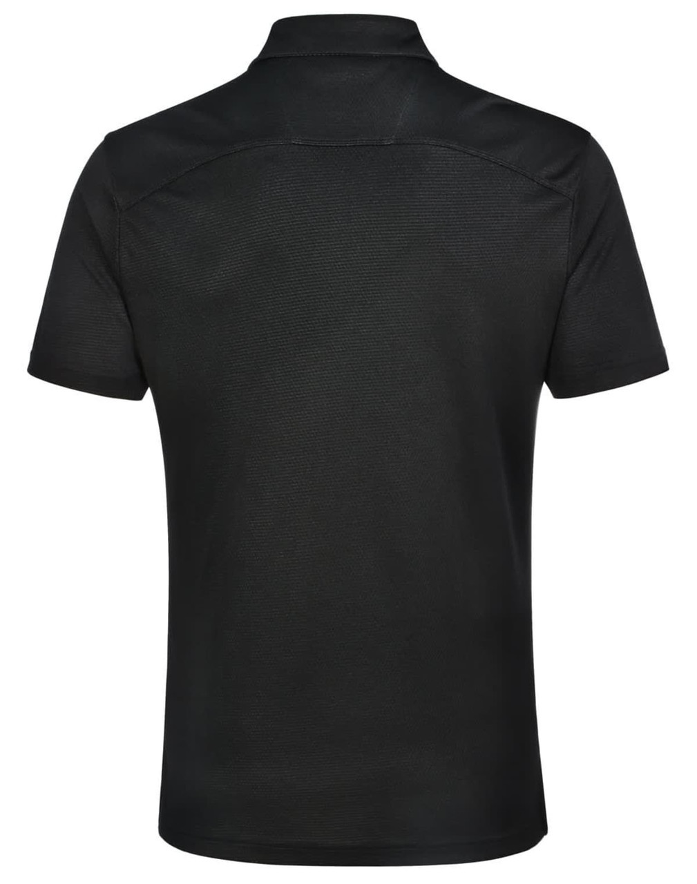 A black men's polo shirt with a collar, featuring a detailed back design and a logo.