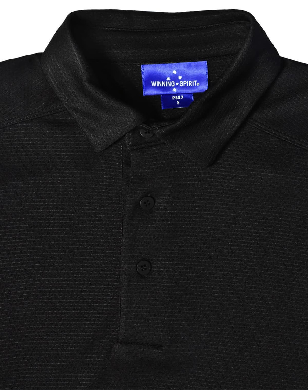 A black men's bamboo charcoal polo shirt with a collared neckline and buttons, featuring a brand logo.