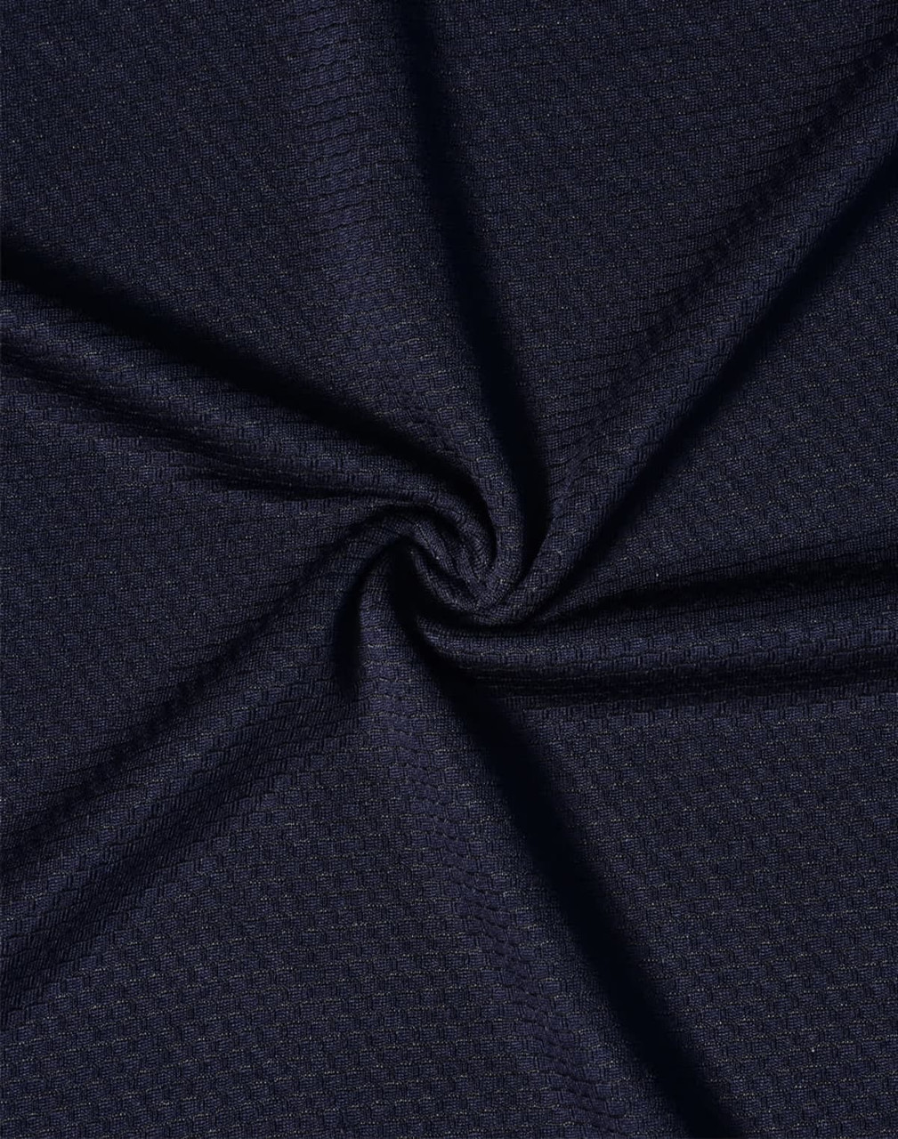 Navy blue fabric with a textured pattern, featuring a subtle sheen and a swirl design.