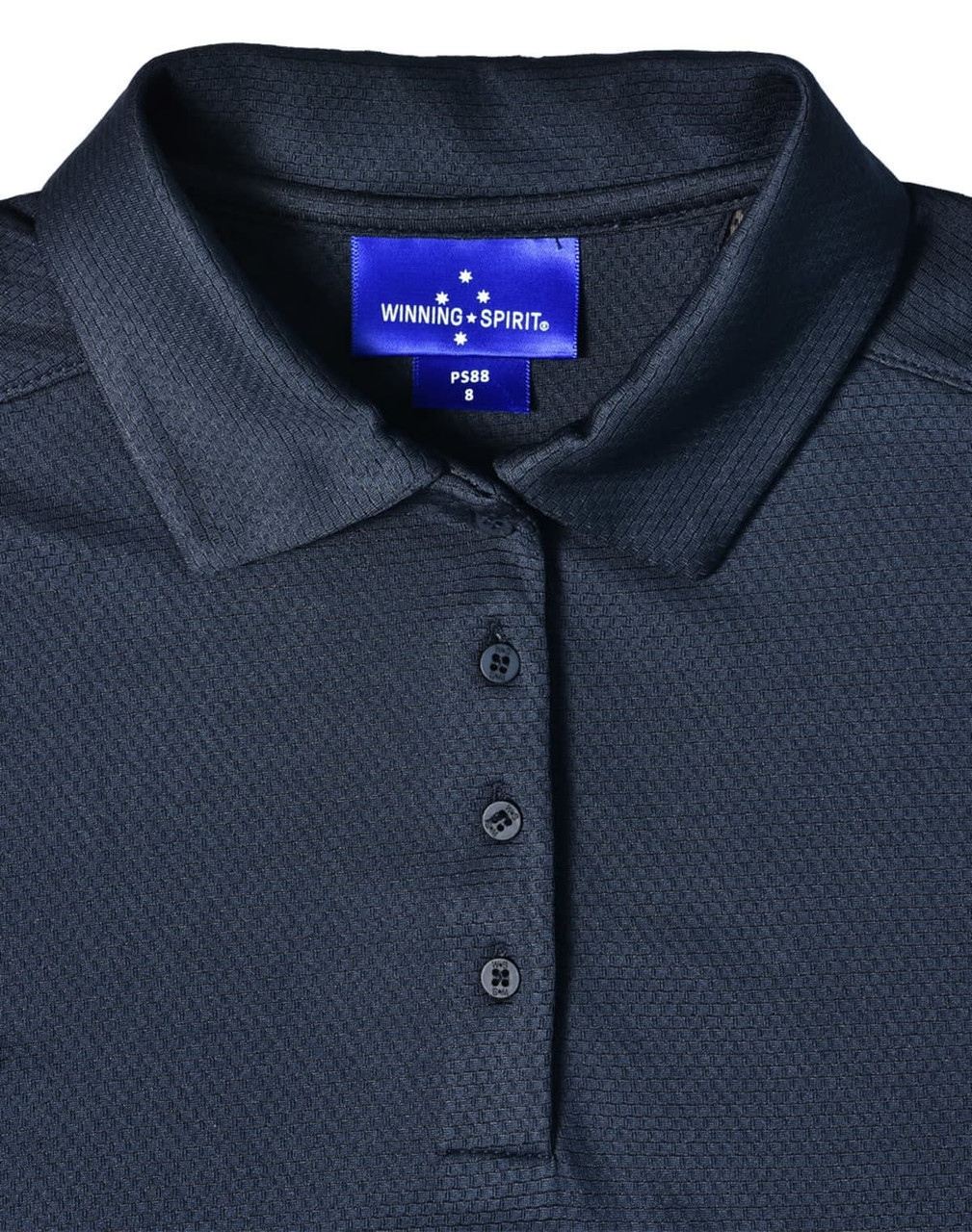 A navy bamboo charcoal polo shirt with a collar and four buttons, featuring a logo at the neckline.
