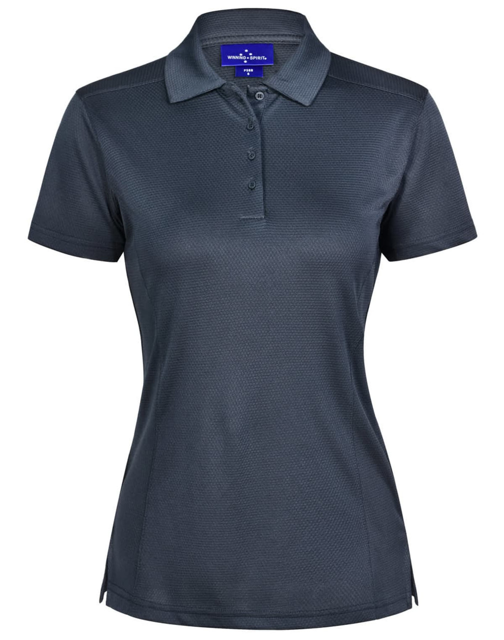A ladies' short-sleeve polo shirt in dark grey with a subtle texture, featuring a collar and a logo.