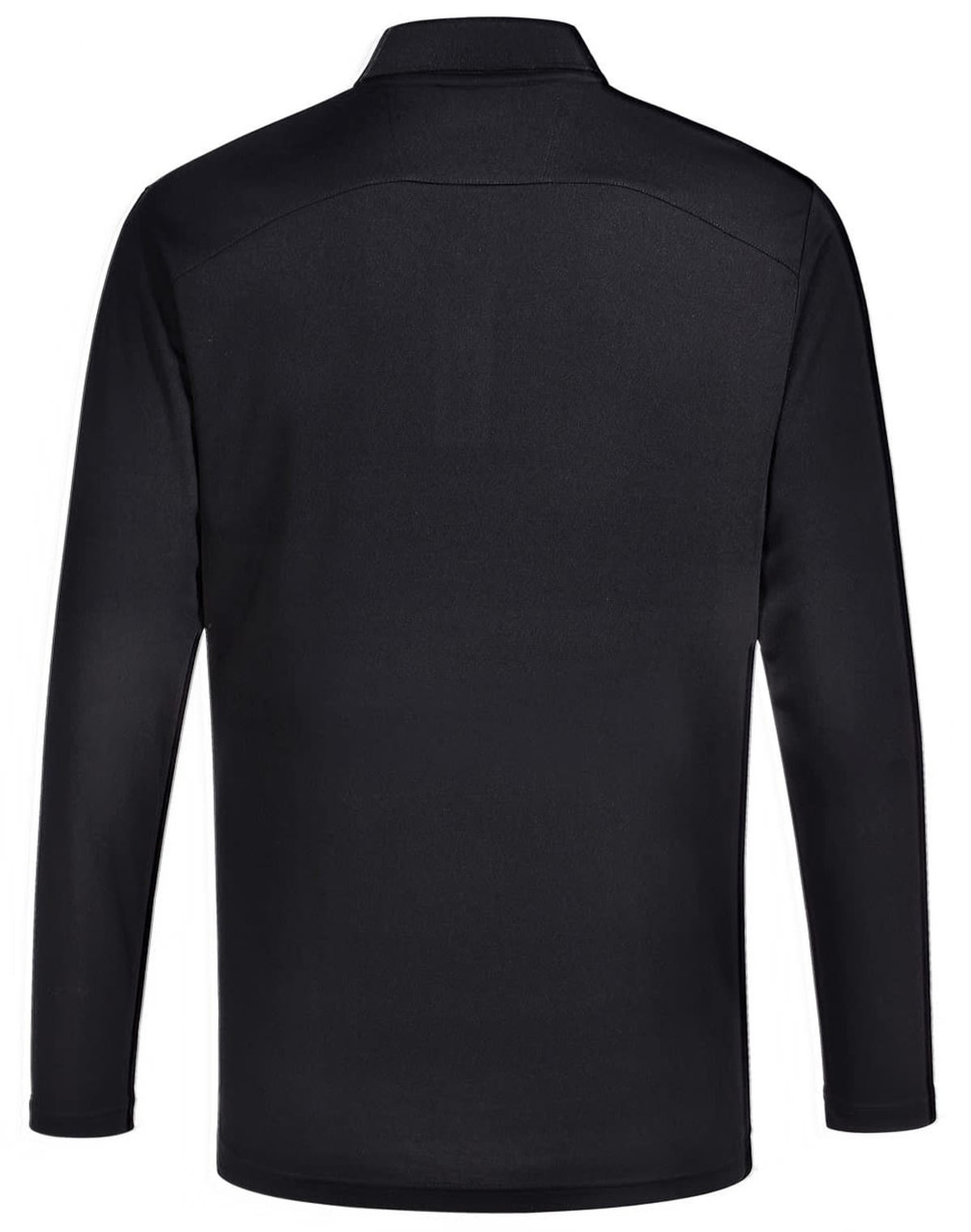 A long-sleeve polo shirt in black with a collar and a logo on the chest.