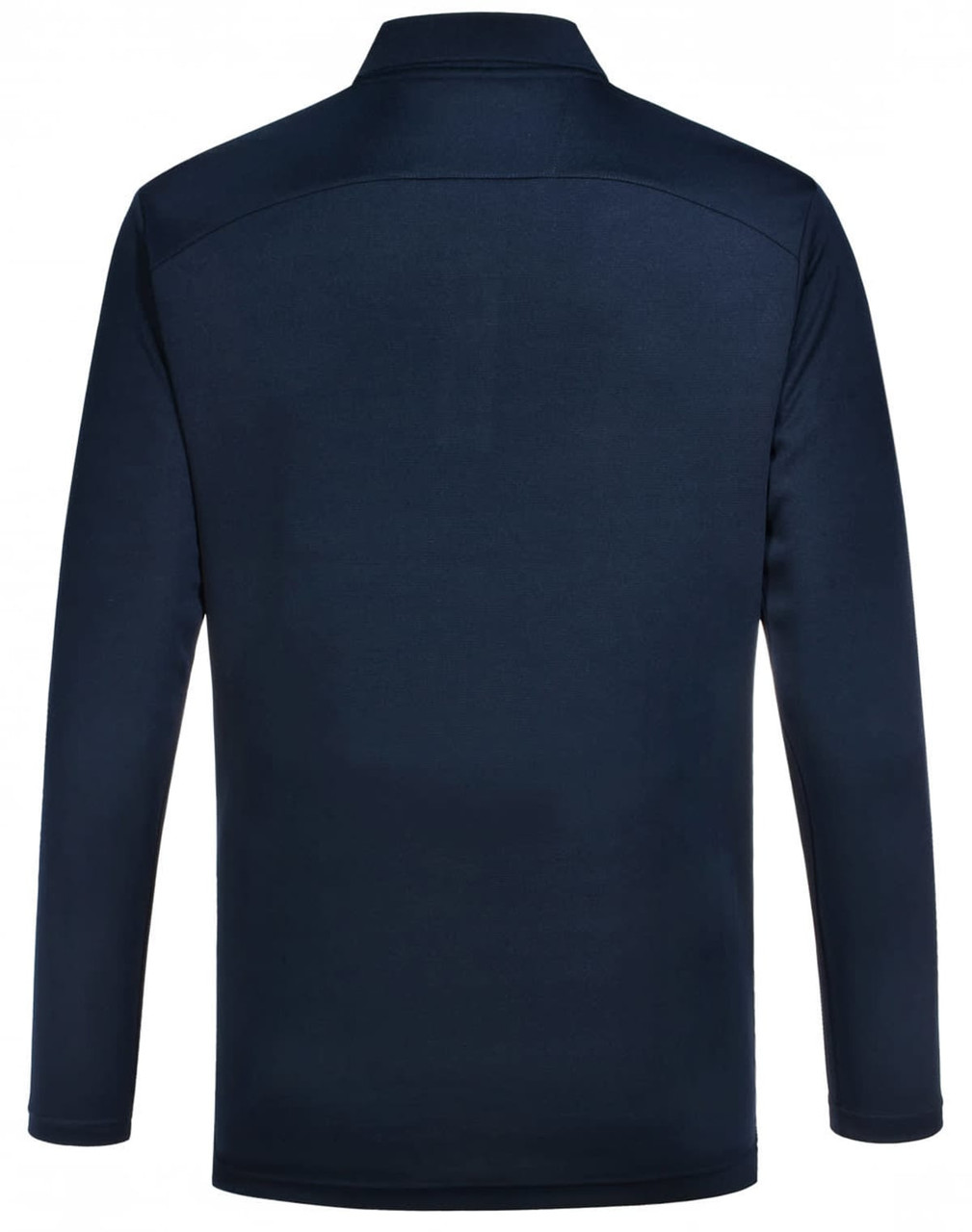 A navy long-sleeve polo shirt with a collar, featuring a logo on the chest.