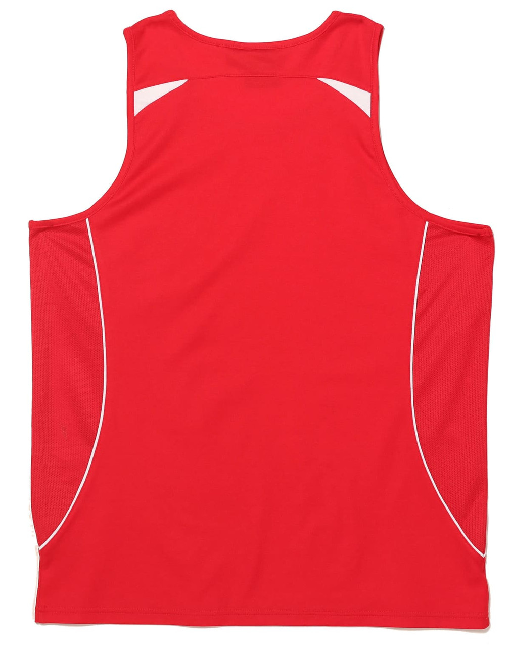 A red men's singlet with white accents and a logo. The back features a mesh design.