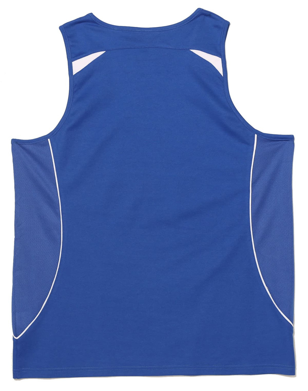 A blue men's singlet featuring a mesh design with white detailing and a logo on the back.