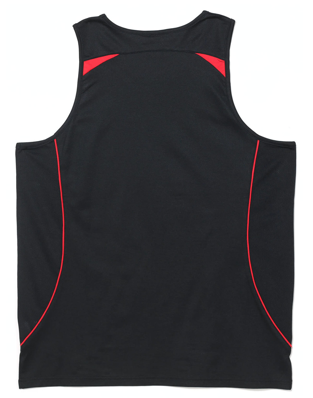 A black men's singlet with red detailing and a logo on the back.