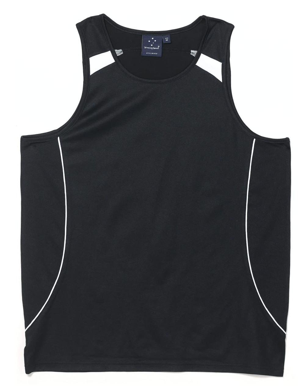 A black men's singlet featuring white detailing and a logo on the label. Smooth fabric and sleeveless design.