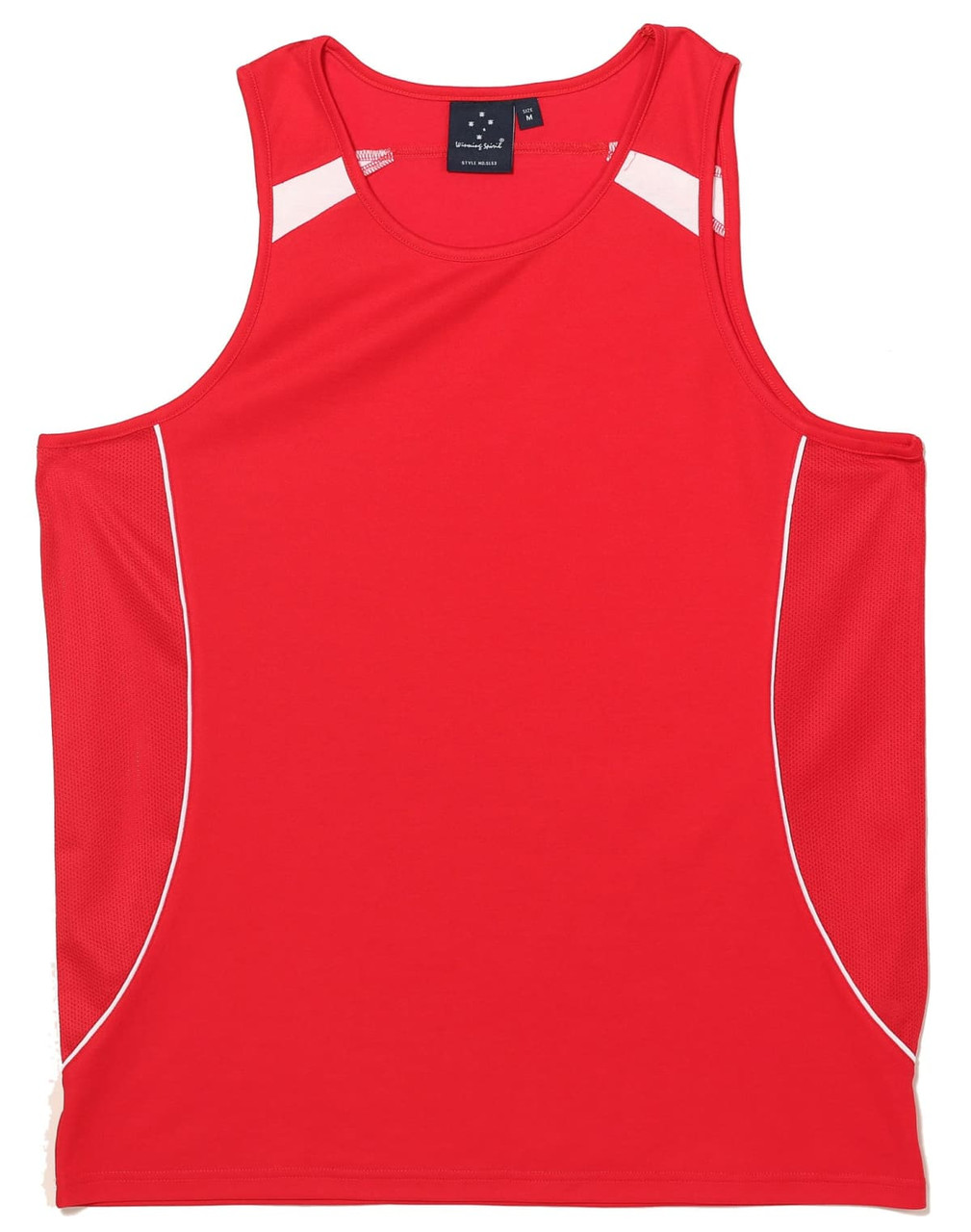 A red men's singlet featuring white detailing and a logo on the label.