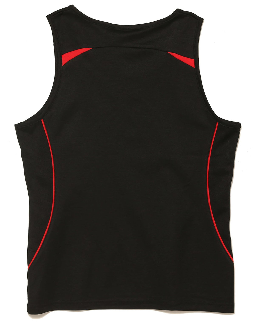 A black singlet featuring red accents and a logo. The design includes curved lines along the sides.