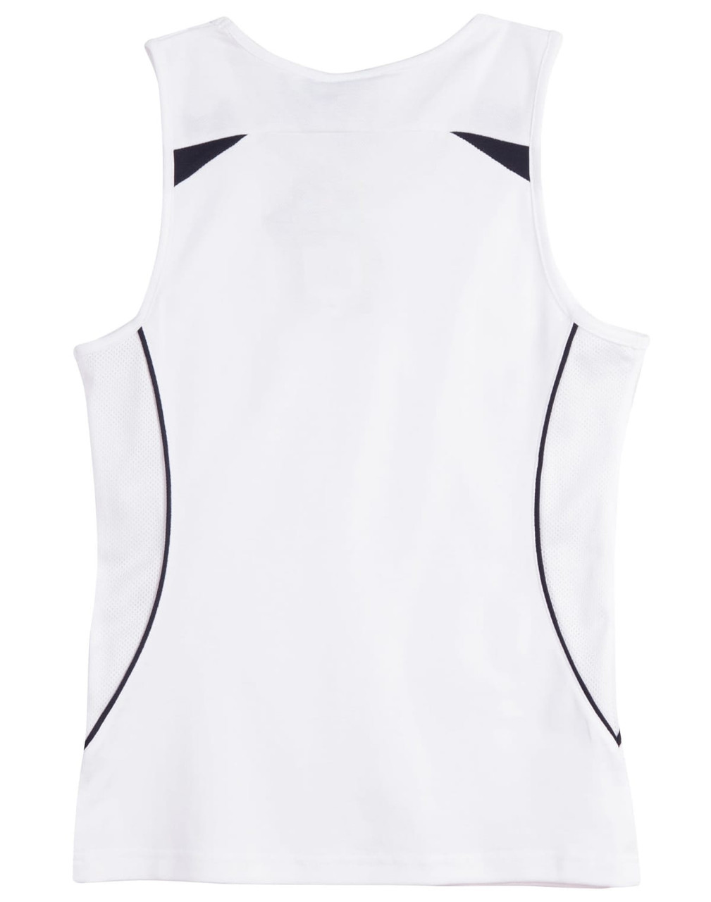 A white singlet with black accents and a mesh detailing on the sides, featuring a logo.
