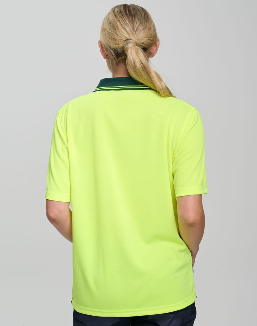 A Hi-Vis short-sleeve polo shirt in bright yellow, featuring a contrasting collar and a logo on the back.