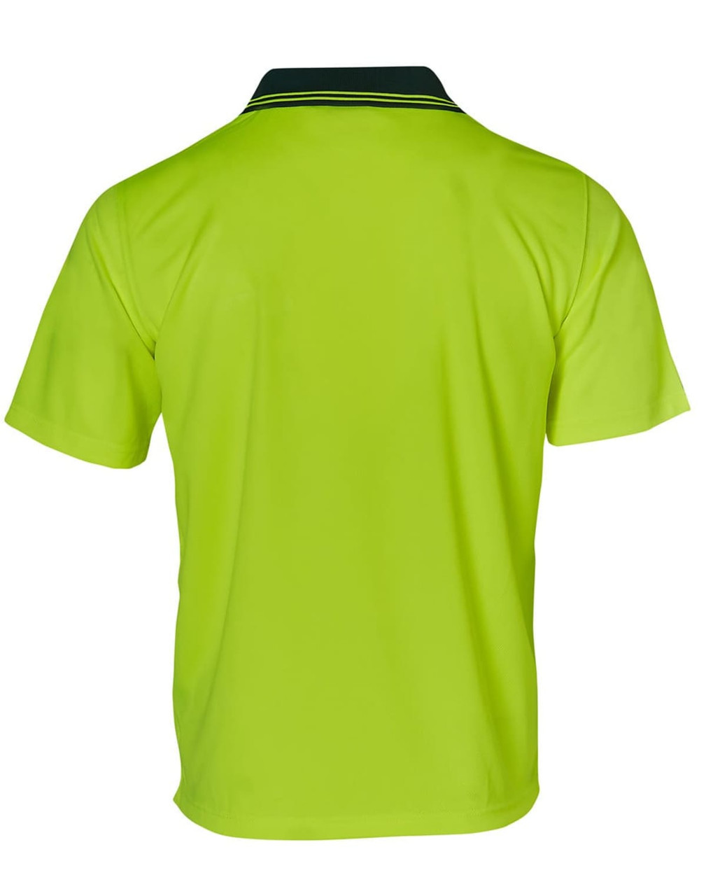 A Hi-Vis short-sleeve polo shirt in bright yellow with a contrasting collar and short sleeves. It features a logo.