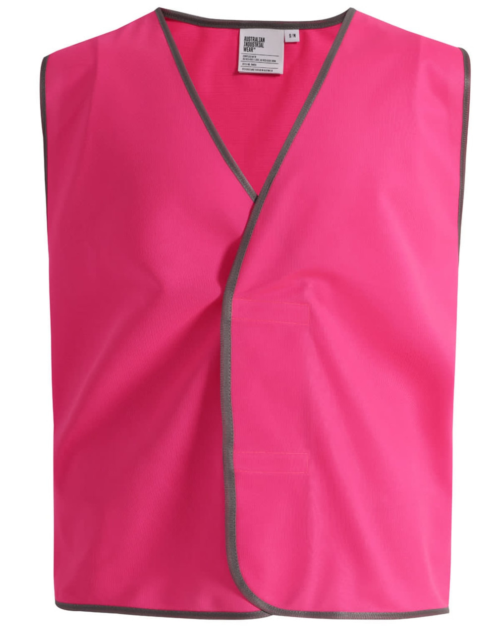 A pink Hi-Vis safety vest with grey trim, featuring an identifying label and no other visible text or logos.