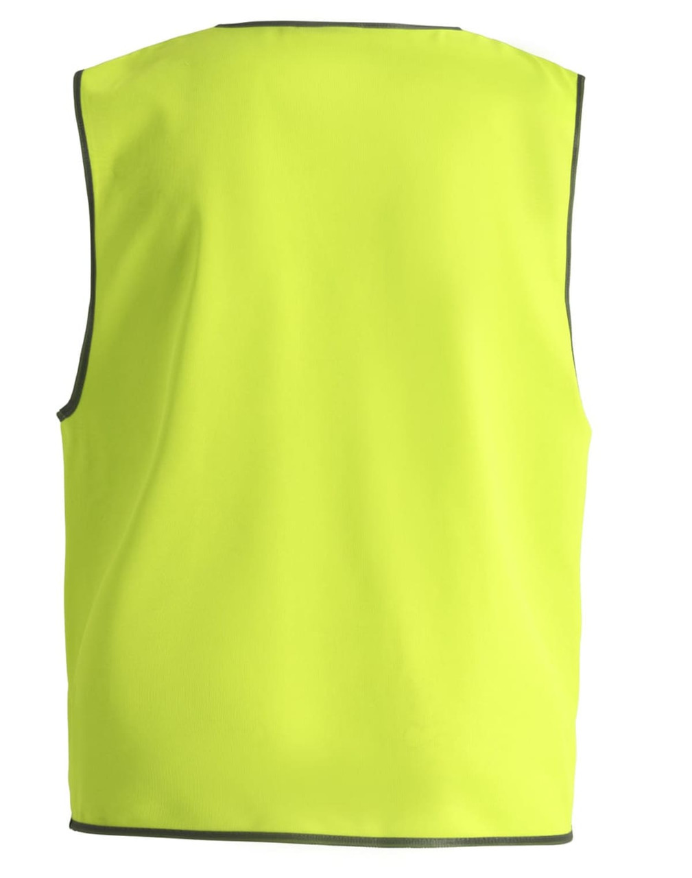 A hi-vis safety vest in bright yellow, featuring sleeveless design and a contrasting trim, with a logo.