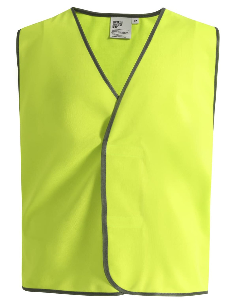 A hi-vis safety vest in bright yellow with contrasting trim and a simple design. It features a logo on the label.